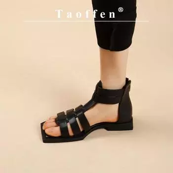 Taoffen/женские сандалии из натуральной кожи с квадратным носком в римском стиле, летняя плетеная обувь с открытым носком, женская обувь на каблуке с пряжкой и ремешком 36 чёрный