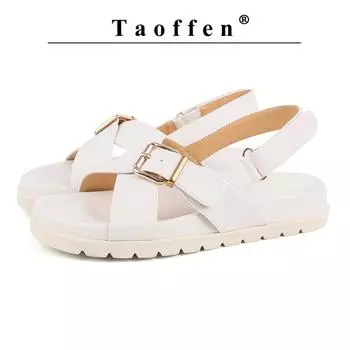 Taoffen женские сандалии на платформе из натуральной кожи на толстой подошве, мягкая римская металлическая пряжка, летняя пляжная обувь, праздничная женская обувь-гладиатор на плоской подошве 36 бежевый
