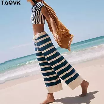 TAOVK комплекты из двух предметов для женщин, комплекты свитеров и брюк, трикотажные полосатые пуловеры, топы и брюки с высокой талией, комплекты для отдыха