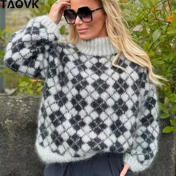 TAOVK Осень-зима Женская водолазка свитер свободный элегантный теплый вязаный пуловер модные цветные топы трикотажный джемпер S абрикосовый