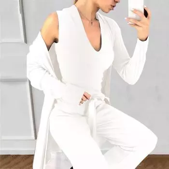 TAOVK Осенний вязаный женский кардиган с длинными рукавами и пуловер без рукавов, топы и брюки, комплект из 3 предметов