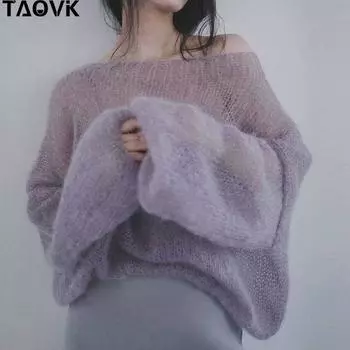 TAOVK винтажные тонкие свитера с вырезами, женские сексуальные вязаные пуловеры с вырезом в горловине, милые элегантные свободные мягкие толстовки, топы, новинка