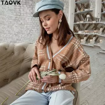 TAOVK винтажные женские вязаные кардиганы с карманами, свитера, женские офисные модные топы с длинными рукавами и v-образным вырезом, кардиганы One Size белый