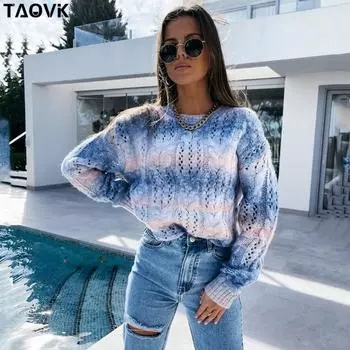 TAOVK вязаный женский свитер, свободная верхняя одежда с круглым вырезом и длинными рукавами, женская уличная одежда ярких цветов, женский Радужный пуловер