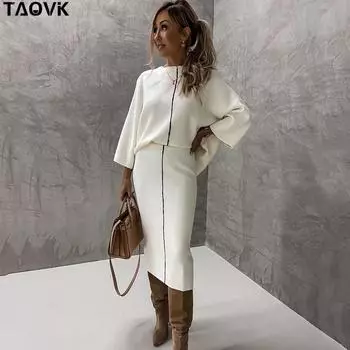 TAOVK женские трикотажные юбки комплекты офисные женские однотонные водолазки пуловеры свитера + узкая юбка костюмы из 2 предметов One Size чёрный