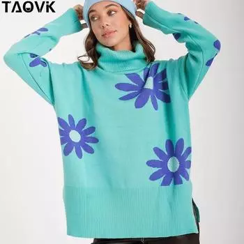 TAOVK Женские вязаные повседневные свитера с цветочным принтом, водолазки, пуловеры, трикотаж, разрезы по низу, длинные рукава, верхняя одежда, свободный джемпер S светло-синий