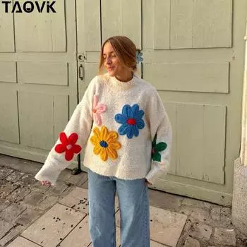 TAOVK женские вязаные свитера, повседневные пуловеры с круглым вырезом и цветочным принтом, трикотаж с вышивкой и цветами, верхняя одежда с длинными рукавами, теплое свободное пальто, уличная одежда L белый
