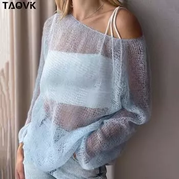 TAOVK женские вязаные свитера, женский тонкий пуловер с вырезами, модный свободный свитер, милый элегантный женский халат S светло-синий