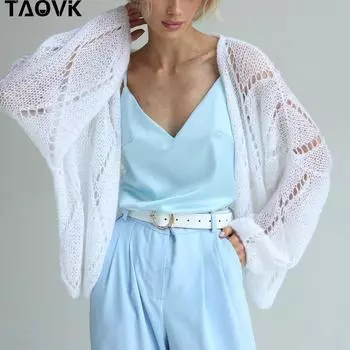TAOVK Женские вязаные топы крючком с ромбовидным узором, ажурные вязаные свитера, легкий прозрачный тонкий прозрачный свитер, свободный кардиган, халат M белый