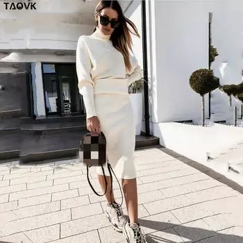 TAOVK Женский костюм Однотонный свитер с рукавами «летучая мышь» + трикотажная юбка, комплект из 2 предметов