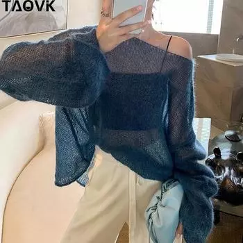 TAOVK женский пуловер, однотонный свитер из мохера, свободный сексуальный свитер с открытыми плечами, прозрачный свитер с длинными рукавами