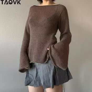 TAOVK женский темпераментный вязаный топ с расклешенными рукавами, сексуальный свитер на шнуровке с бретелькой на бретельках, однотонный тонкий свитер