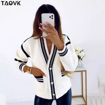 TAOVK женский вязаный свитер из мохера с v-образным вырезом, соответствующий цвету, карман, однобортный, на пуговицах, свободный повседневный вязаный кардиган, топ L белый