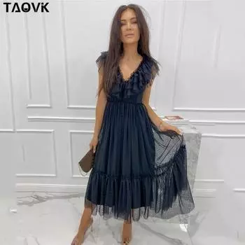 TAOVK женское кружевное платье подружки невесты с v-образным вырезом без рукавов, сексуальное сетчатое платье для свадебной вечеринки S чёрный