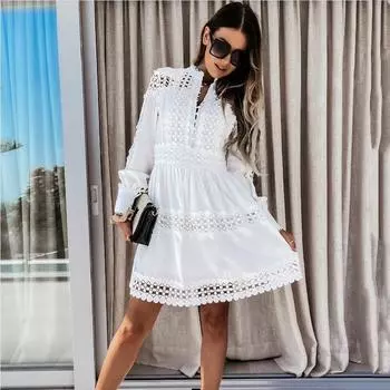 TAOVK женское платье длиной до колена с воротником-стойкой, однотонное платье с длинными рукавами и полой строчкой S белый