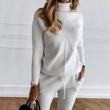 TAOVK Зимний женский однотонный полосатый свитер с воротником и эластичные брюки, вязаный комплект из двух предметов One Size зелёный