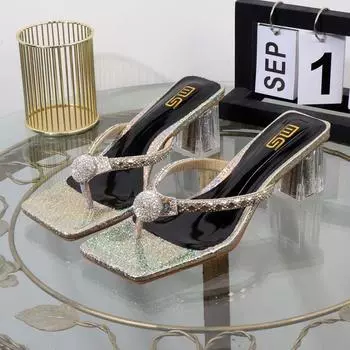 тапочки 2024 новые шлепанцы со стразами на клипсе на мыске квадратный каблук роскошные дизайнерские сандалии элегантные большие размеры женская обувь 42 36