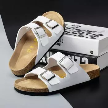 Тапочки 2025 летняя мода шлепанцы пара пробковая обувь для отдыха на открытом воздухе плоские сандалии с двойной пряжкой пляжные 35