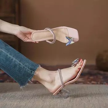 Тапочки-бабочки со стразами, женские, прозрачные, на высоком каблуке, летняя обувь 2024 года, новые дизайнерские сандалии с кристаллами и ремешком 4.5 розовый