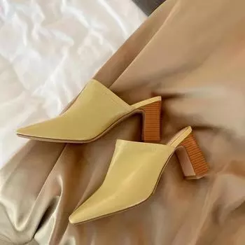 Тапочки Baotou Half для женской верхней одежды на толстом каблуке, новые модные туфли на высоком каблуке, универсальные туфли без каблука, ленивые тапочки 34 чёрный