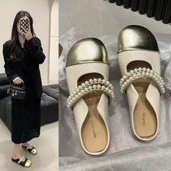 Тапочки Baotou Half Slippers Модная и удобная женская летняя верхняя одежда Нежные жемчужные тапочки Mary Jane Cool 35 чёрный