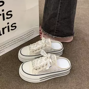 Тапочки Baotou Half Slippers, женская летняя одежда, новые белые туфли с одной педалью, универсальные, дышащие, модные, на толстой подошве, классные тапочки 35 чёрный