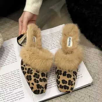 Тапочки Baotou Half Tuo из меха для женщин, зимние, новый стиль, толстый каблук, острый носок, модные, универсальные, банкетные, на высоком каблуке, элегантный дизайн 35 чёрный