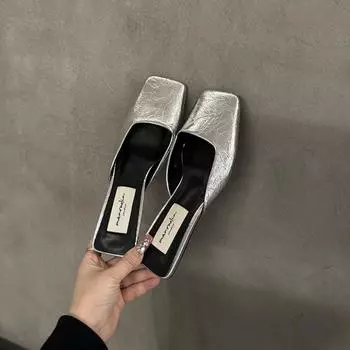 Тапочки Baotou Half, женская обувь, весна-лето, новые толстые туфли на низком каблуке с квадратной головкой, серебристые, мюли, шлепанцы 35 чёрный