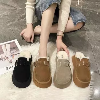 Тапочки Baotou из замши с толстой подошвой женские зимние 2024 года, новый ретро-модный темперамент, швабра Mao Mao, удобная трендовая хлопковая швабра 35 чёрный