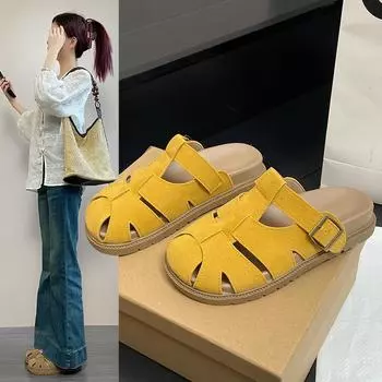 Тапочки Baotou Mueller, женские, верхняя одежда, ретро, толстые, полые, сандалии Piggyback, тапочки, женские, ленивые, стремена для одной ноги, модная женская обувь 34