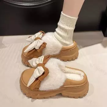 Тапочки Baotou на высоком каблуке, женские, новинка 2024 года, зимняя мода, кожаные модные кроссовки с бантом, женские тапочки на платформе 36-37 бежевый