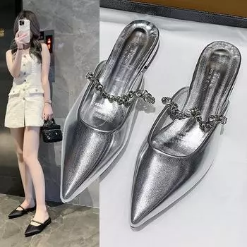 Тапочки Baotou полутапочки женские 2025 года с острым носком и плоским дном, со стразами, цепочкой, серебряные туфли Мюллера, классные тапочки для улицы 35 серебряный