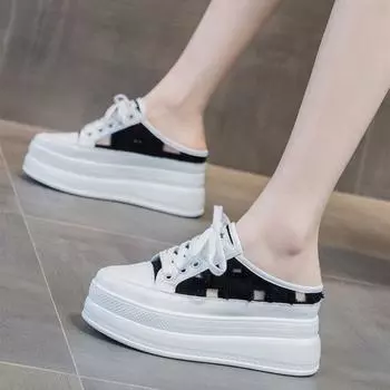 Тапочки Baotou полутапочки женские модные туфли нищенки холст внутренняя высота увеличение белые туфли маффин сандалии на толстой подошве 35