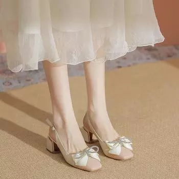 Тапочки Baotou со стразами и бантом, женские летние новые квадратные босоножки на толстом каблуке, вечерние босоножки на высоком каблуке 34 чёрный