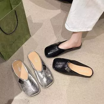 Тапочки Baotou, верхняя одежда, женская, весна-лето, ретро, неглубокий носок, модные, плоские, повседневные, классные тапочки 2024 года, новые, квадратные 35 чёрный