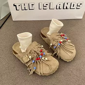 Тапочки Baotou, весенние, новые, с круглым носком, из коровьей замши, с металлической пряжкой и бусинами, мягкая подошва, износостойкие, плоские туфли с защитой от скольжения 35