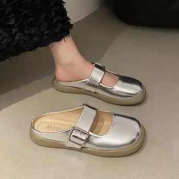 Тапочки Baotou, женская летняя одежда 2025 года, новые модные универсальные тапочки с плоской подошвой серебристого цвета во французском стиле Мэри Джейн 35 серебряный
