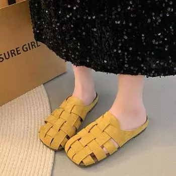 Тапочки Baotou, женская летняя одежда 2025 года, новые ретро-тканые полые дышащие удобные ленивые плоские тапочки 35 серый