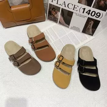 Тапочки Baotou, женская летняя одежда, модная повседневная пряжка, ленивые полутапочки, домашние тапочки с плоским дном, классные тапочки 36 чёрный
