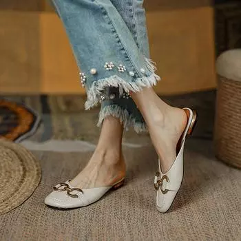 Тапочки Baotou, женская летняя верхняя одежда, мода 2025 года, новая обувь на плоской подошве с пряжкой и квадратной головкой, ленивые туфли на плоской подошве Muller 34