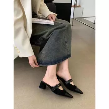 Тапочки Baotou, женская верхняя одежда, лето 2025, новые французские маленькие ароматные туфли с квадратной головкой и неглубоким горлом, полутапочки Muller на плоской подошве 35 чёрный