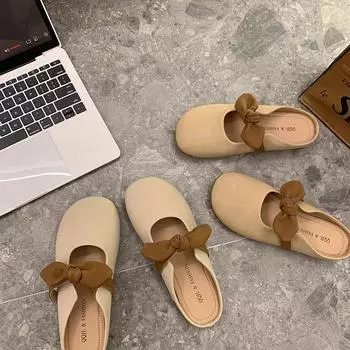 Тапочки Baotou, женская верхняя одежда, плоская подошва, весна-лето, новый дизайн с бантом, ниша, одна педаль, мягкая подошва, классные тапочки 35 бежевый