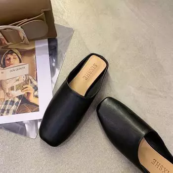 Тапочки Baotou, женская верхняя одежда, весна 2025, новые квадратные тапочки из кожи в стиле ретро, ленивые, без каблука, сандалии Muller 35 бежевый