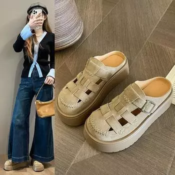 Тапочки Baotou, женская внешняя одежда, летняя обувь для ленивых ног, полутапочки с толстой подошвой, большие размеры, модная женская летняя дышащая обувь 34