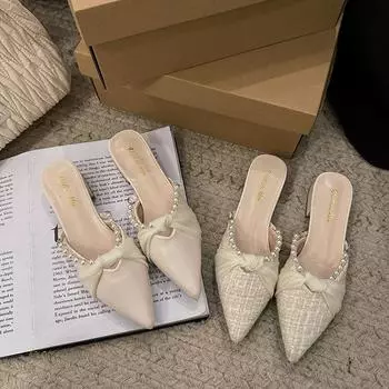 Тапочки Baotou женские летние 2024 новые корейские тапочки на толстом каблуке с острым носком, верхняя одежда, сандалии феи на среднем каблуке 35