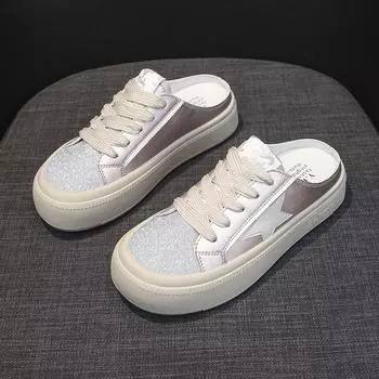 Тапочки Baotou, женские, летняя одежда, повседневная обувь для досок, 2024, новые, шелковые и атласные, универсальные, без каблука, маленькие белые туфли 35