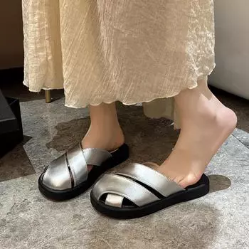 Тапочки Baotou женские, лето 2025, новая верхняя одежда, плетеные полые туфли Мюллера с квадратной головкой, ретро-римские женские классные тапочки 35 коричневый