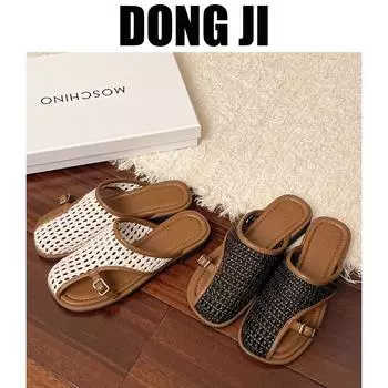 Тапочки Baotou женские модные сетчатые босоножки с открытым носком верхняя одежда мода 2025 новая весенняя пряжка на ремне базовая плоская подошва 35 чёрный