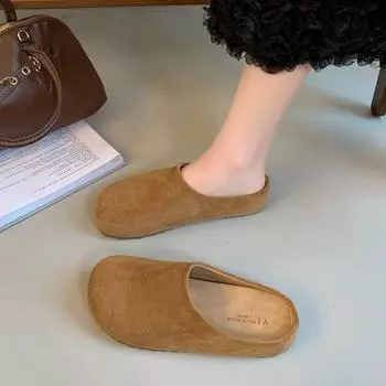 Тапочки Baotou, женские, новые, с толстой подошвой, полутапочки, плоская обувь, воловья кожа, лицевая кожа, мюли 35 хаки