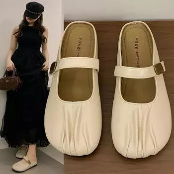 Тапочки Baotou женские с плоской подошвой весна-осень 2025 года, французские новые квадратные складки с одной педалью, мягкая подошва, классные тапочки 35 бежевый